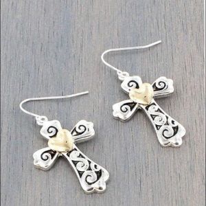 Two-Tone Heart Accented Scroll Cross Earrings